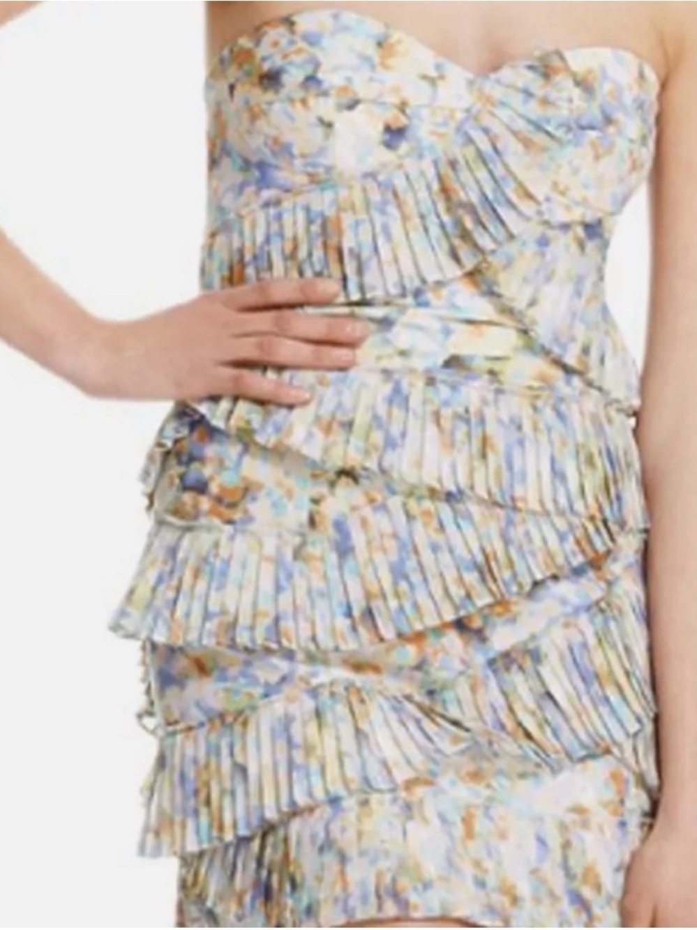 Cynthia Steffe Pleated Floral Strapless Mini Dress - Watercolor pastel silk